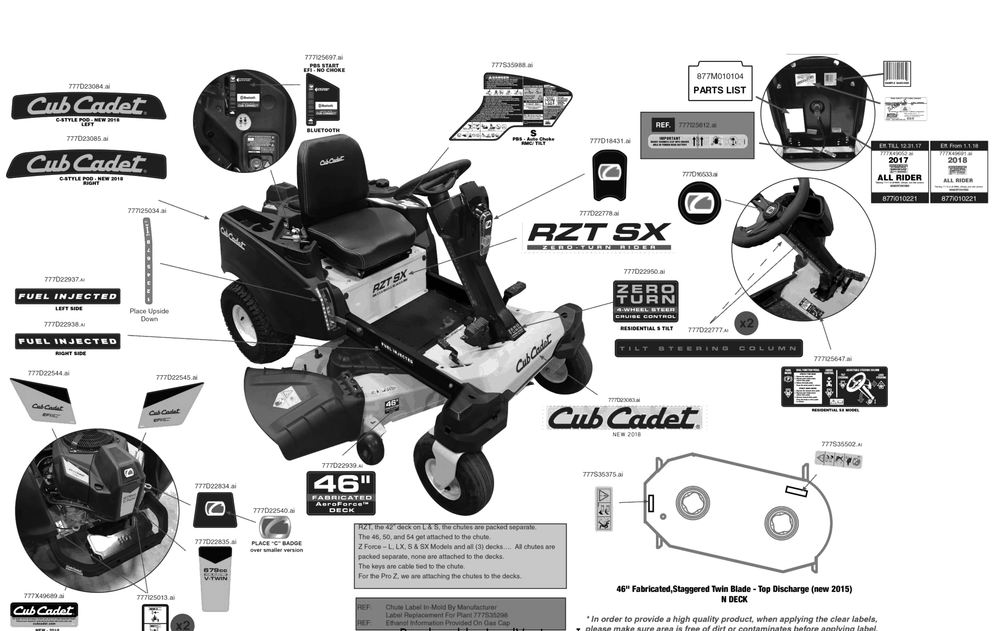 Label Map Diagram and Parts List for RZT-SX46EFI (17RWCBYN210)(2018) Cub Cadet Lawn Tractor
